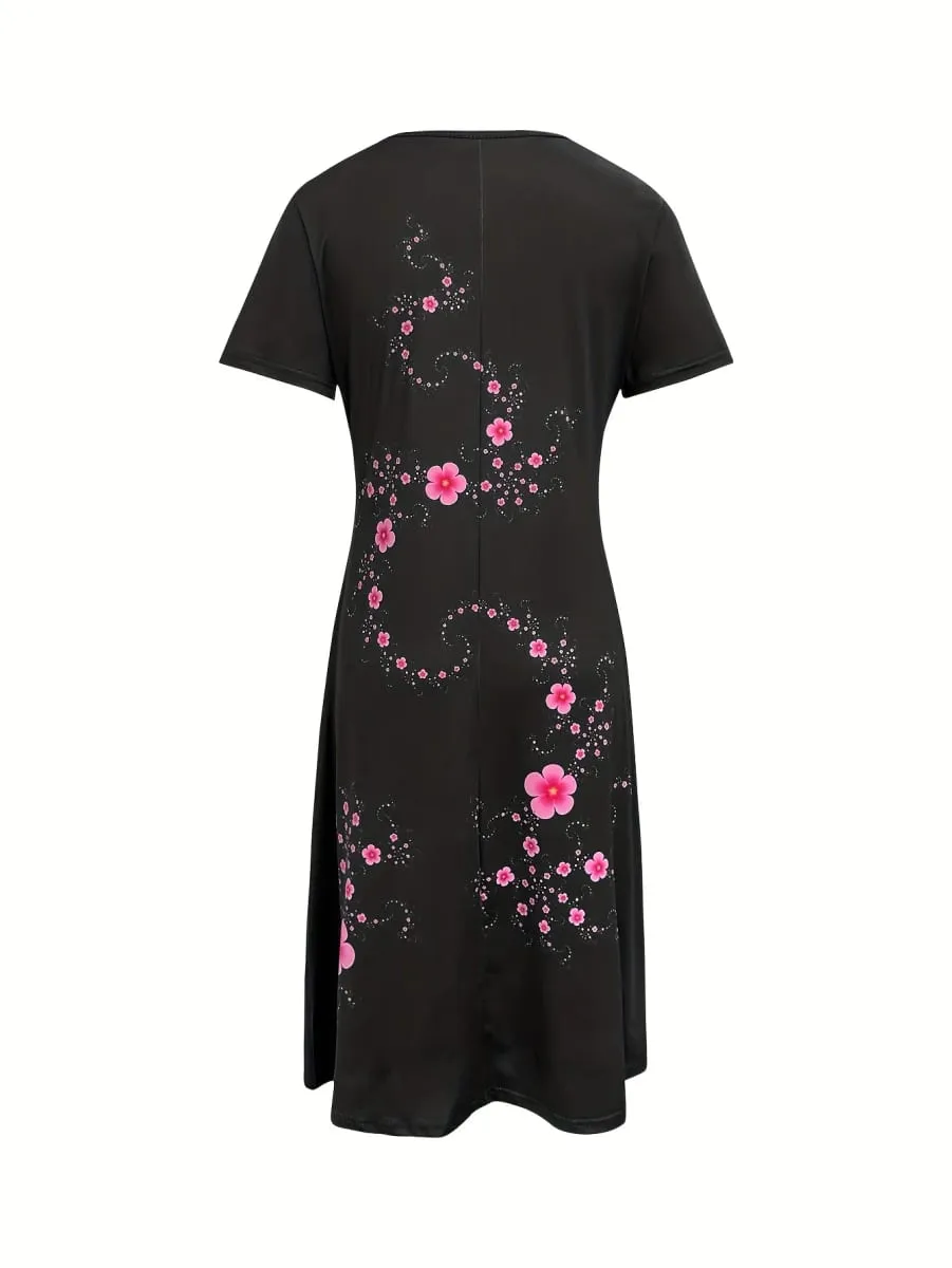 Women's Elegant Casual Floral Print Dress Black with Pink Flowers Dresses Woman Summer Women's Short -Sleeved Y2k Ladies Clothes — image 4