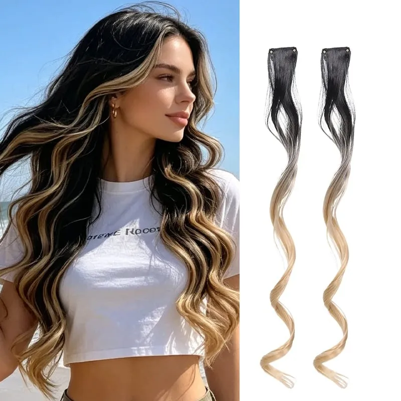 Gradient Wave Clip - in Hair Extensions 2pcs Synthetic Fiber Color - Blocked Tassel Ear - Side Dyeing for Daily Party Cosplay — image 12