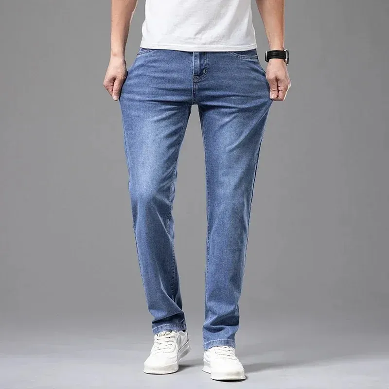 Zomermerk Heren Fit Rechte lichtgewicht katoenen stretchjeans Business Casual Hoge taille Dunne lichtgrijze jeans herenbroek