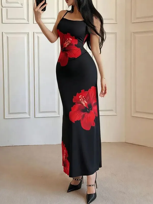 Slim Fit Thin Strap Camisole Long Dress Waist Cinching Slimming Temperament Hip Hugging Gown for Women