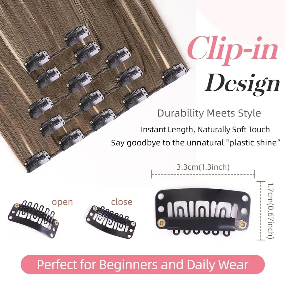 24 Inches Long Synthetic Hairpieces for Women 6Pcs Medium Brown Blonde Highlights Clip In Natural Thick DIY Styling Fiber Hair — image 3