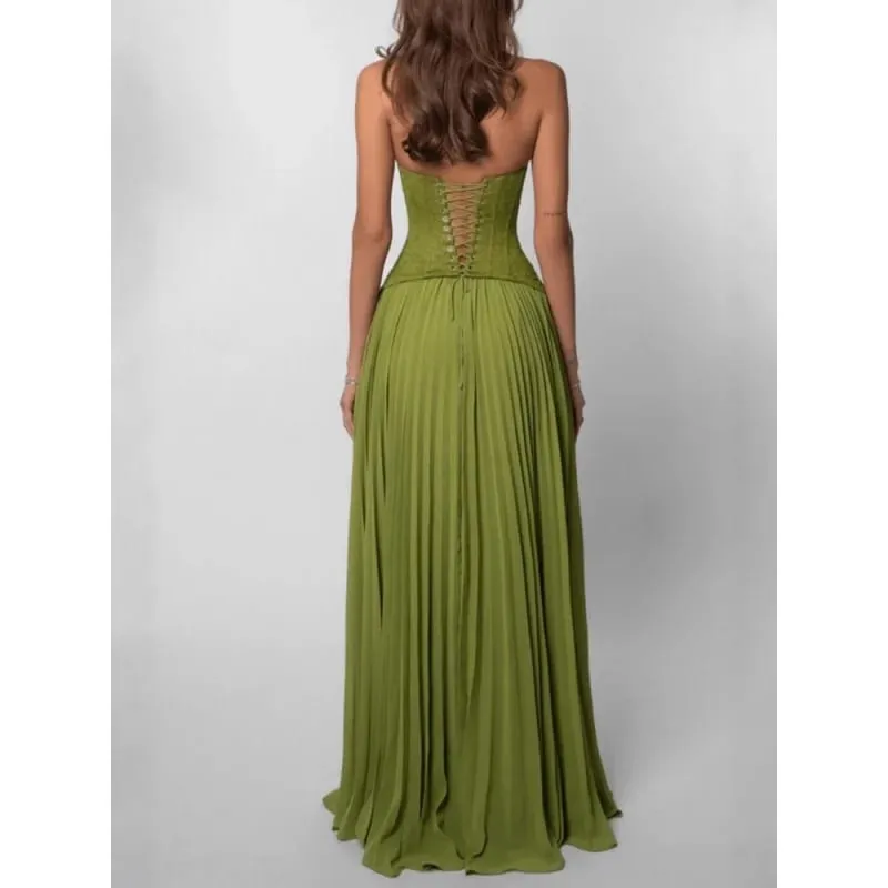 Green Fishbone Corset Halter Maxi Dress Women Backless Off Shoulder Pleated Patchwork Slim Dresses Lady Christmas Party Gown New