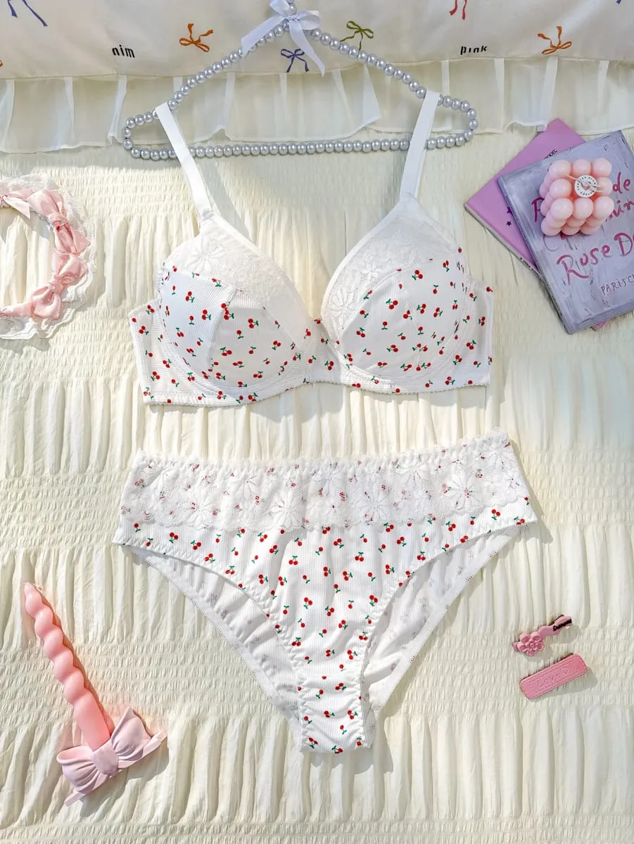 Plus Size Women Cherry Pattern Lace Underwire Bra And Panty Set Adjustable Straps Soft Unpadded Breathable Lingerie Set