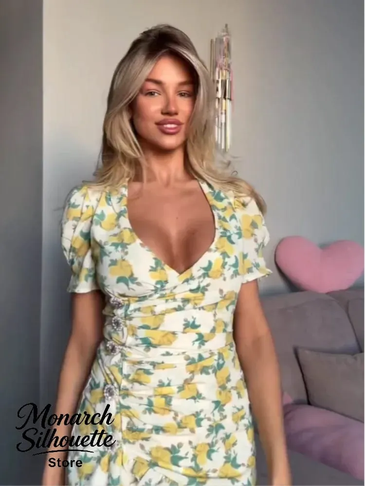 Chic flæseprint Slank kort kjole Kvinder Chic Patchwork Udvidede ærmer V-hals plisserede kjoler 2026 Lady Summer Casual Vestidos