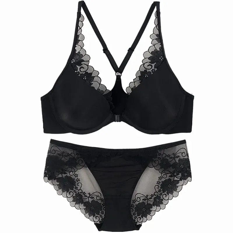 Women Lace Bra Front Open See Through Brief Set Elegant Thin Lingerie Set Ladies Bra Set Underwear — image 7