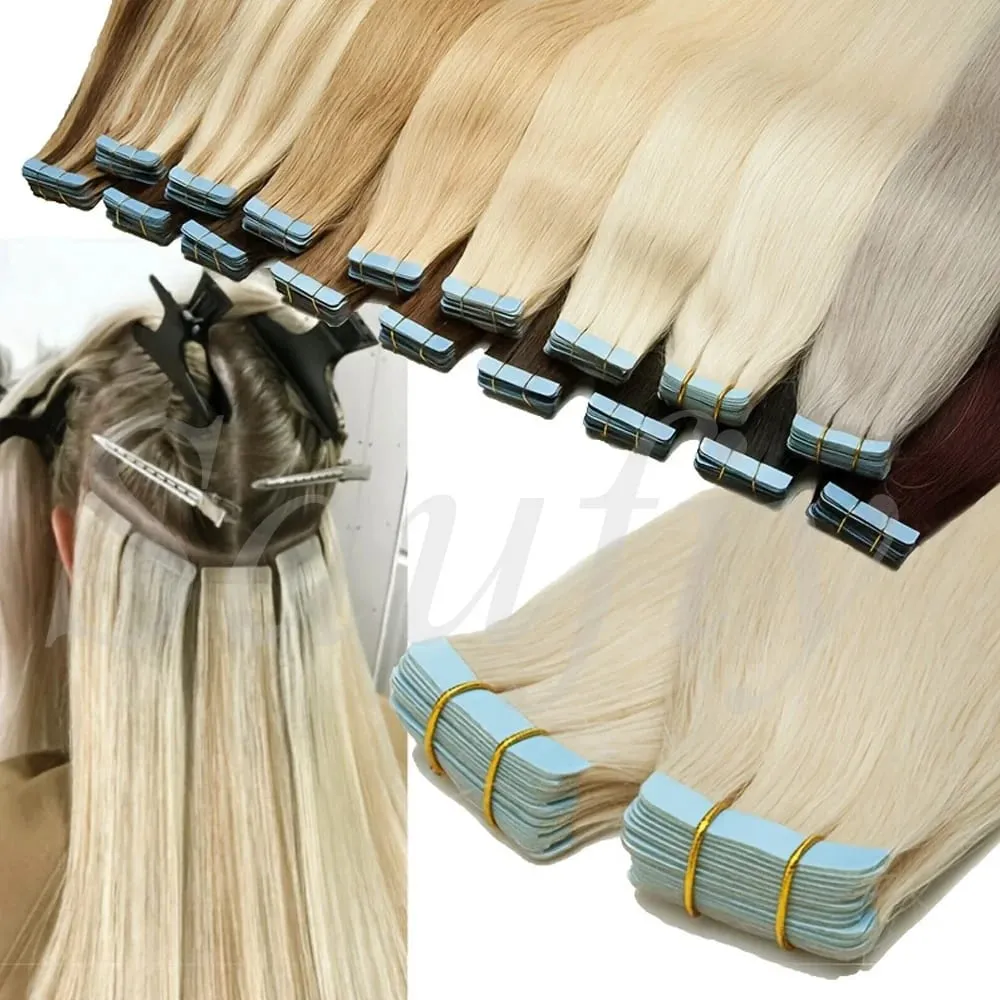 Blonde Straight Tape In Hair Extensions Human Hair 20pcs/Pack Straight Natural Black Blonde Brown Tape Ins Hair Extensions 12-20inches Seamless Double Side Skin Weft Tape In Hair Extensions For Women — image 3