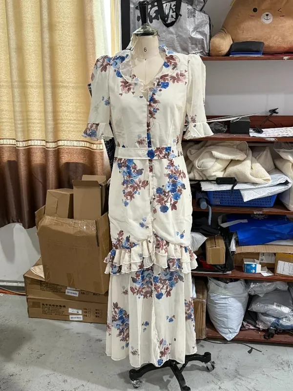 Pink Floral Print Maxi Dress V-neck Ruffle Trim Flare Women Sleeve Ruched High Slit Chiffon Dresses Elegant Evening Party Robe — image 8