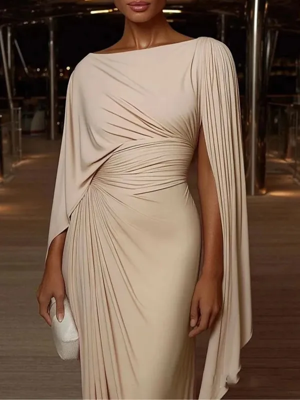Elegant High Waist Solid Color Banquet Dress Lady Leisure Irregular Long Sleeve Dress Sexy Slash Collar Pleat Slim Evening Dress