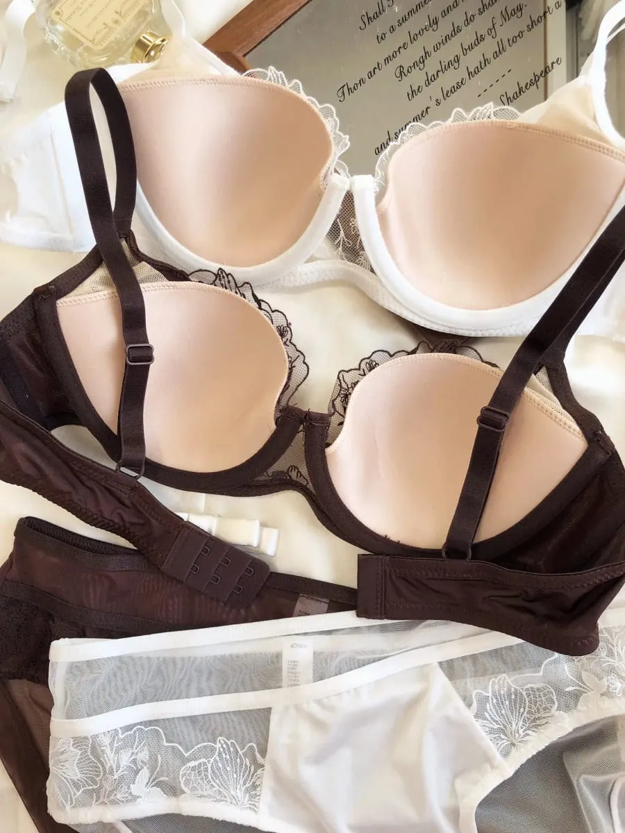 Sexy Lace Women Lingerie French Flowers Embroidery Bra Set Breathable Mesh Splicing Push Up Bras Hollow Thin Cup Underwear Sets — image 2
