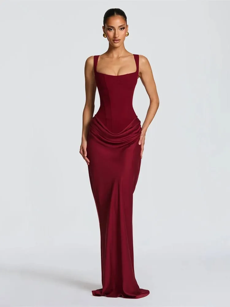 Women's Red Pleated Sling Maxi Dress Square Neck Sleeveless Off-shoulder Waist Cinching Slim Dresses Fashion Evening Party Gowns