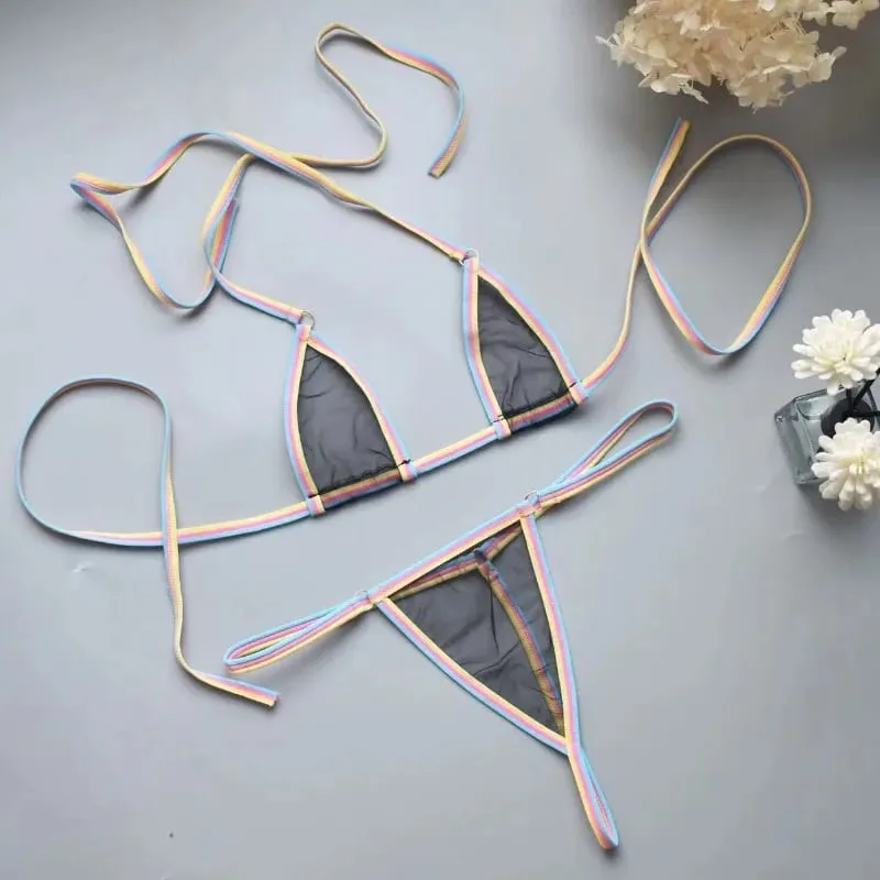Sexy Mini Bra Sets Wirefree Ultra-thin Mesh Unlined Bra Brief Set Black Transparent 2 Pieces Halter Women's Exotic Lingerie Sets