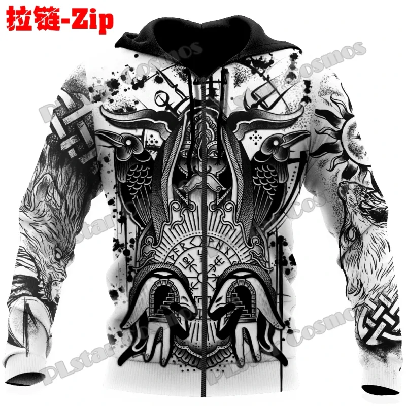 Raven Odin Tattoo Helm of Awe Runes 3D Printed Fashion Men's Zipper Hoodie Autumn Streetwear Unisex Casual Zip Up Hoodies HW62 — image 2