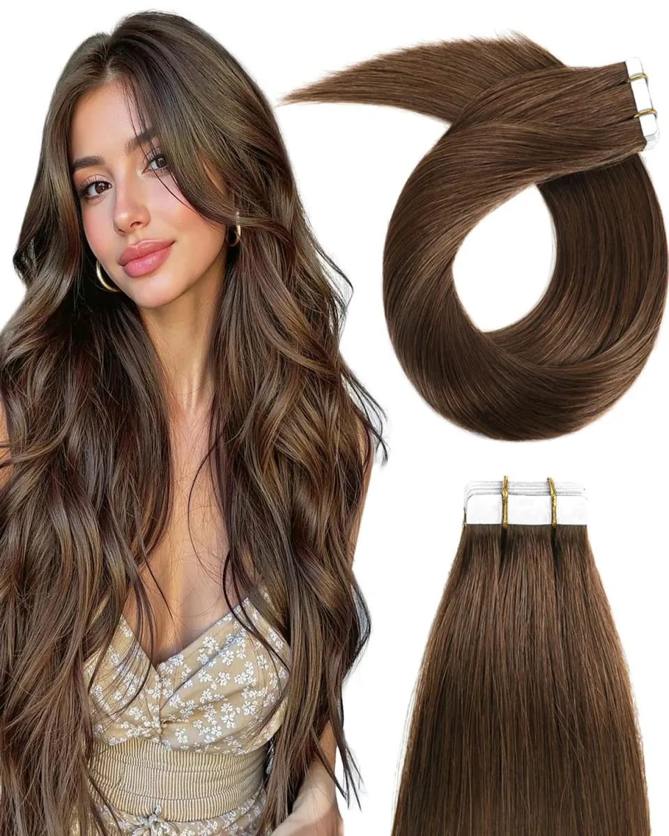 Invisible Tape In Hair Extensions 100% Human Hair #4 Chocolate Brown Straight Tape In Human Hair Extensions 20pcs 50g For Women — image 1