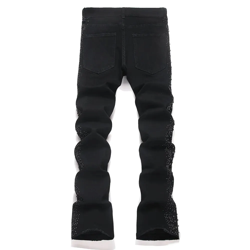 Men's Flared Denim Jeans Punk Crystal Rivet Stretch Black Cotton Spandex Pants Slim Boot Cut Trousers — image 2