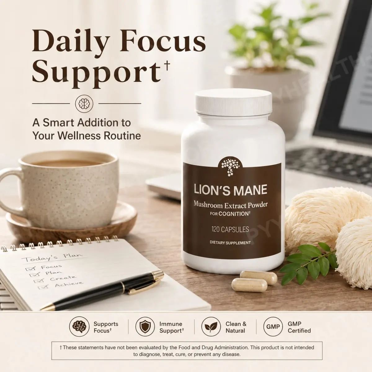 Lion's Mane Mushroom Extract 1000 mg with 300 mg Beta-Glucans Daily Focus and Wellness Support 120 Capsules 60 Servings