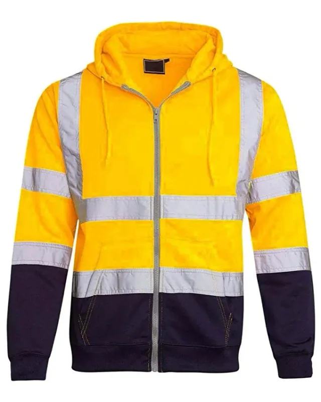 Reflective Work Safety Men Hoodies Drawstring Loose Zipper Jacket Autumn Thin Fleece Hooded Pullover Coat Casual Work Sweatshirt