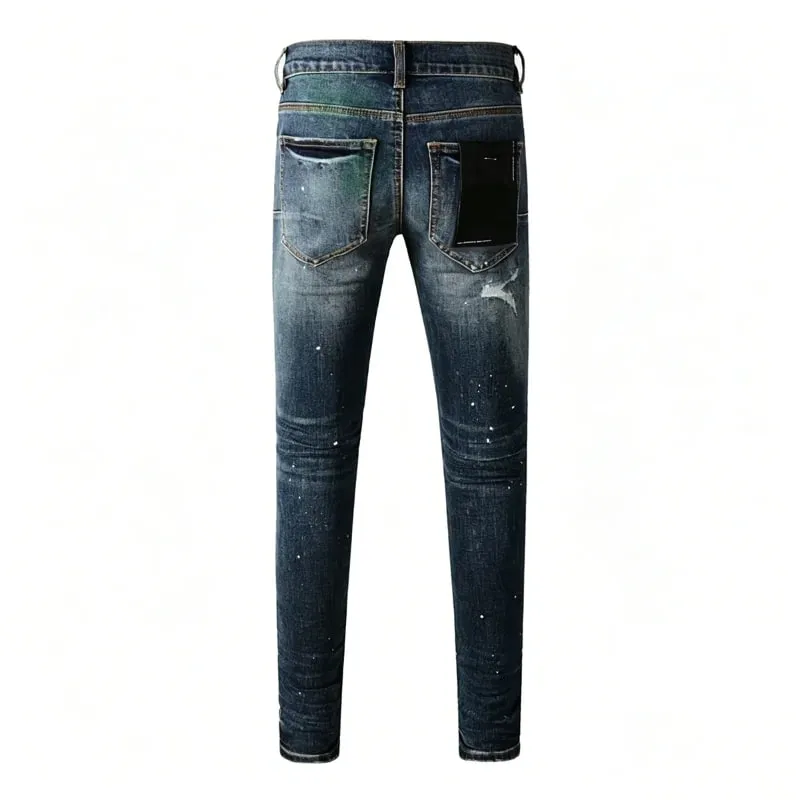 Men's Slim Taper Vintage Distressed Ripped Jeans Blue Gradient Green Red Paint Splatter Button Fly High Street Fashion Denim Pan — image 2