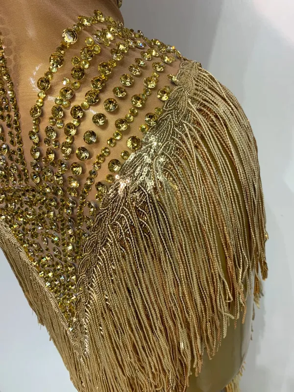 Costume di scena sexy scintillante strass maglia trasparente paillettes nappa sera festa di compleanno discoteca danza cantante vestito