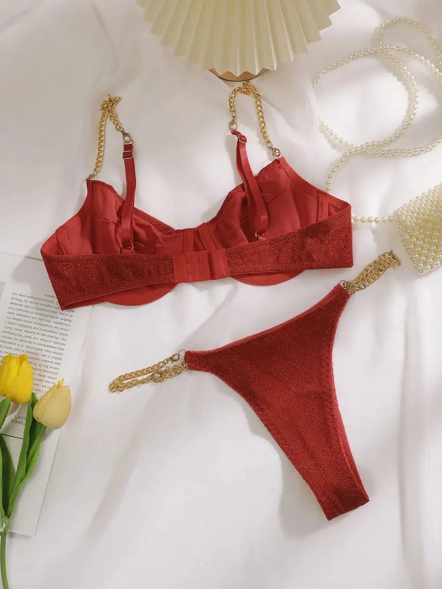 Women Glitter Lingerie Set Metal Chain Strap Underwire Bra And Thong 2‑Pcs Sexy Intimate Lingerie Set U1110 — image 2