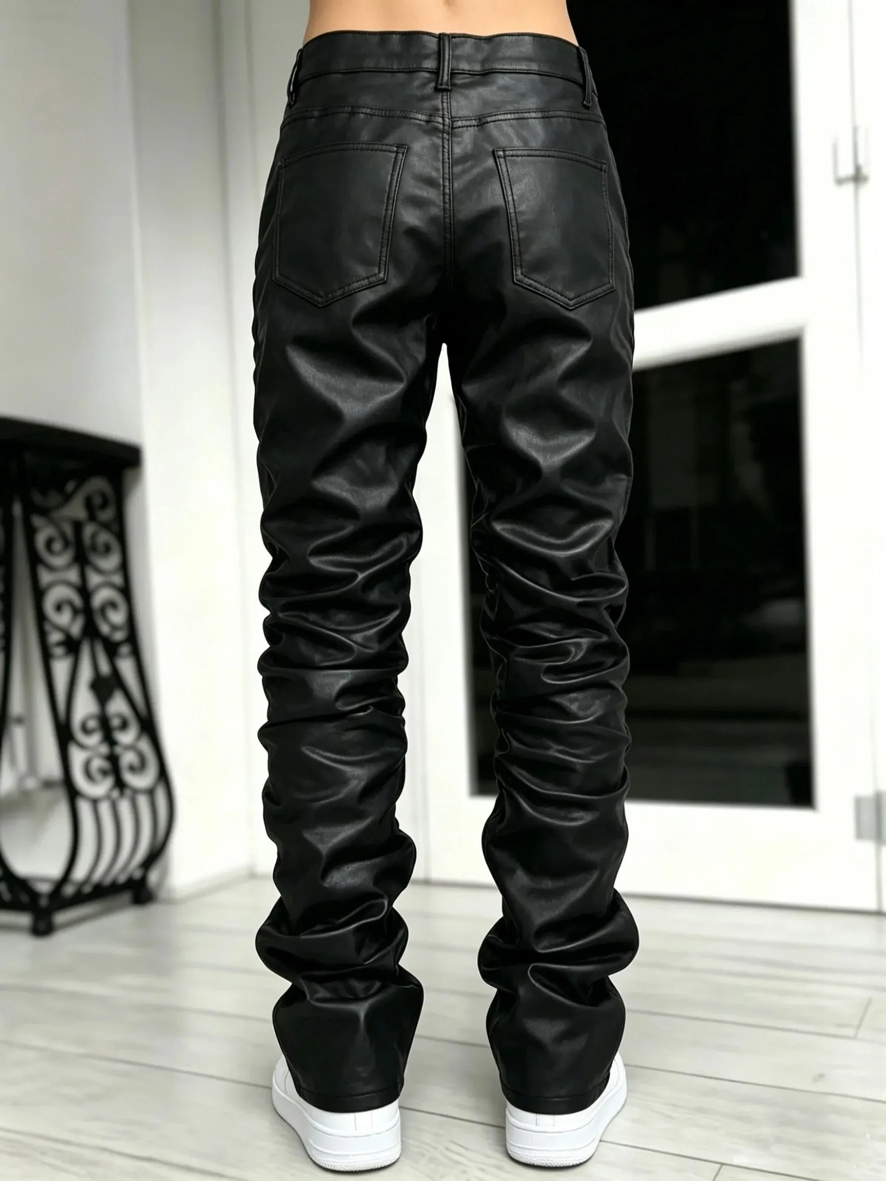 【HME】Men's Jeans | Black Wax Coated Denim Pants Faux‑Leather Look Stacked Ruched Denim Jeans For Men Full‑Length Wrinkle Pleat Design Tough Coated Denim Fabric Street‑Fashion Stacked Fit Male Trousers — image 5