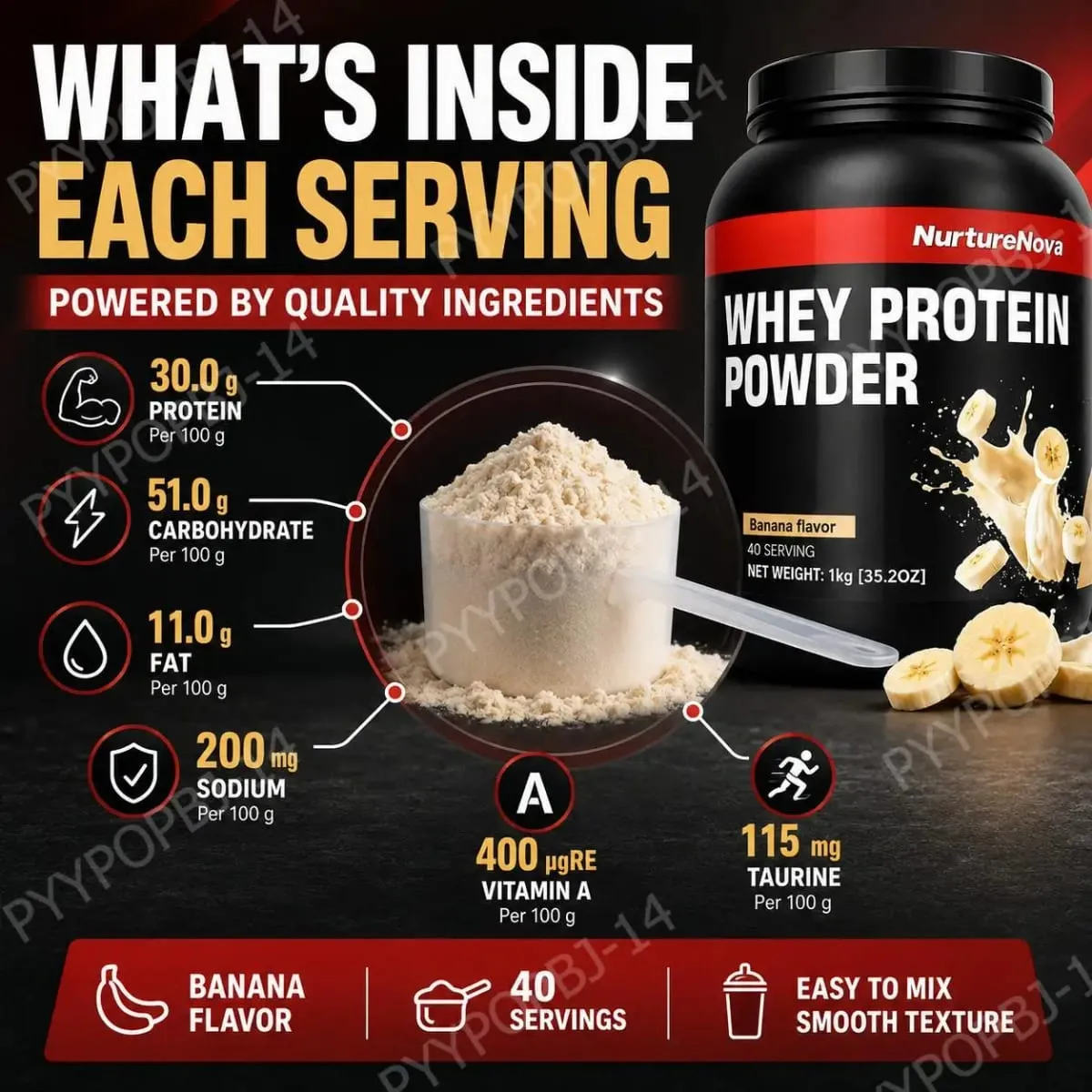 NurtureNova Whey Protein Powder with Taurine and Vitamins A D E C Zinc Banana Flavor 30 G Protein Per Serving 40 Servings — image 5