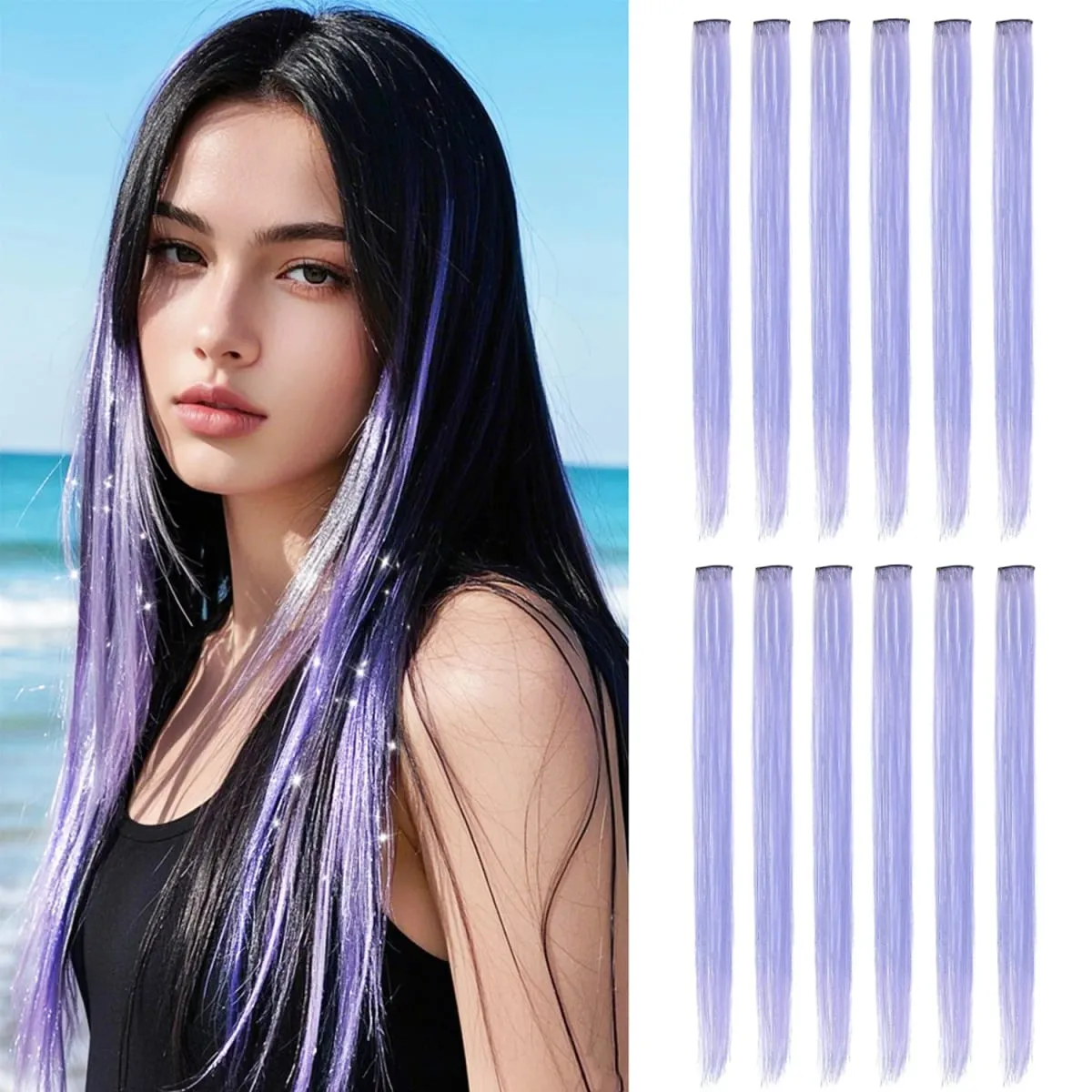 Synthetic Clip in Hair Extensions 12pcs/pack Clip in Colorful Hair Mixed Tinsels Glitter Hairpices for Women Girls Daily Party — image 10