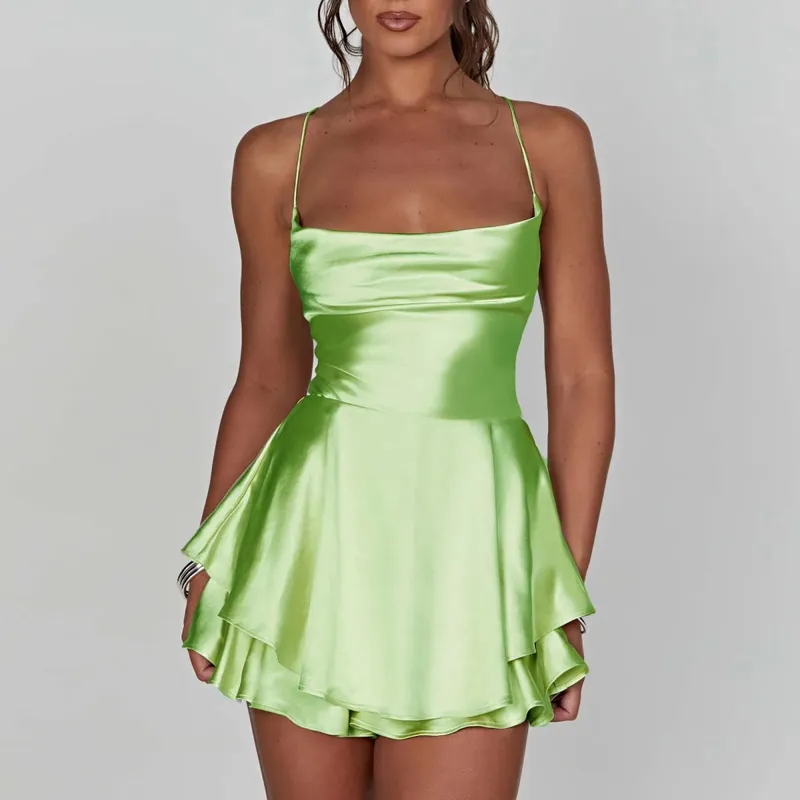 Satin Seide Frauen Sexy Cami Playsuits Kleid Solide Wasserfallausschnitt Ärmellose Kurze Overalls Sommer Kreuz Tie-Up Backless Strampler — image 11