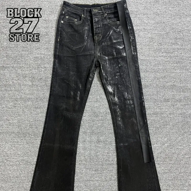 Mens Jeans Harajuku American High Street Streetwear Wax Coated Denim Pants Dark Style Micro Flared High Stretch Slim Fit Retro — image 1