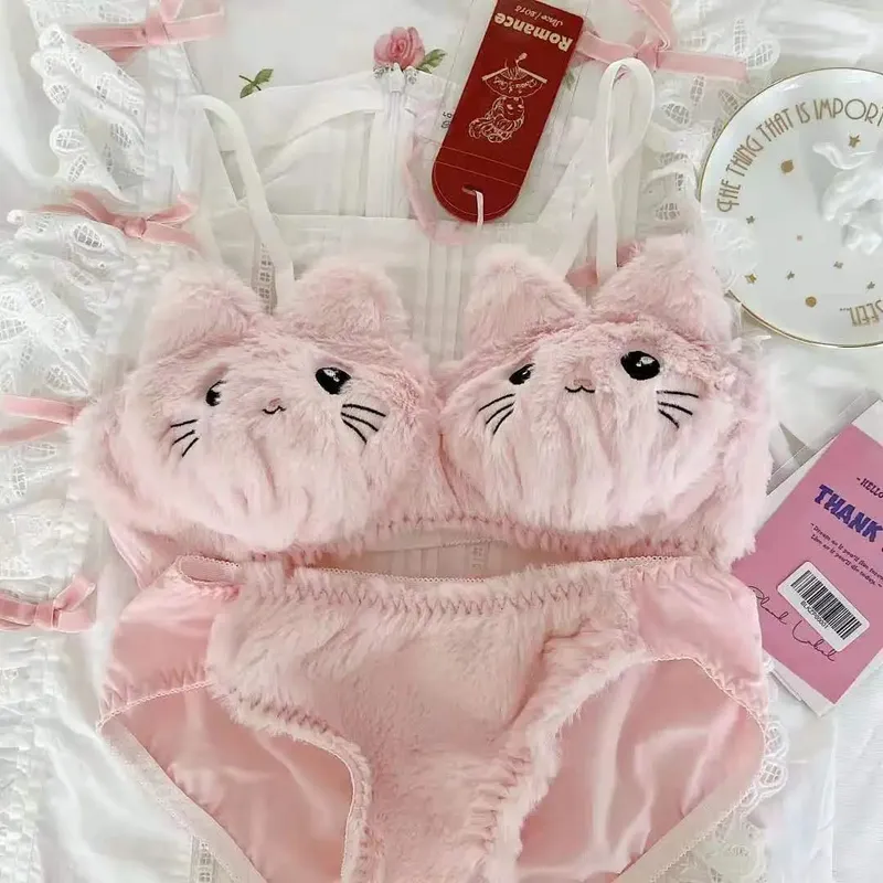 Conjunto de sujetador japonés Kawaii de felpa para mujer, Conjunto de sujetador cómodo con bonito gato para chica, ropa interior de dibujos animados, lencería suave y encantadora para estudiantes