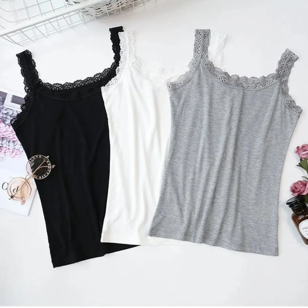 Casual U Neck Summer Tank Tops Sleeveless With Lace Fitted Tops Underwear Loose Cami Top Shirt for Women