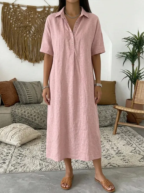 2026 Women's Spring and Summer New Casual Straight-Cut Comfortable Polo-Neck Linen Short-Sleeve Dress — image 8