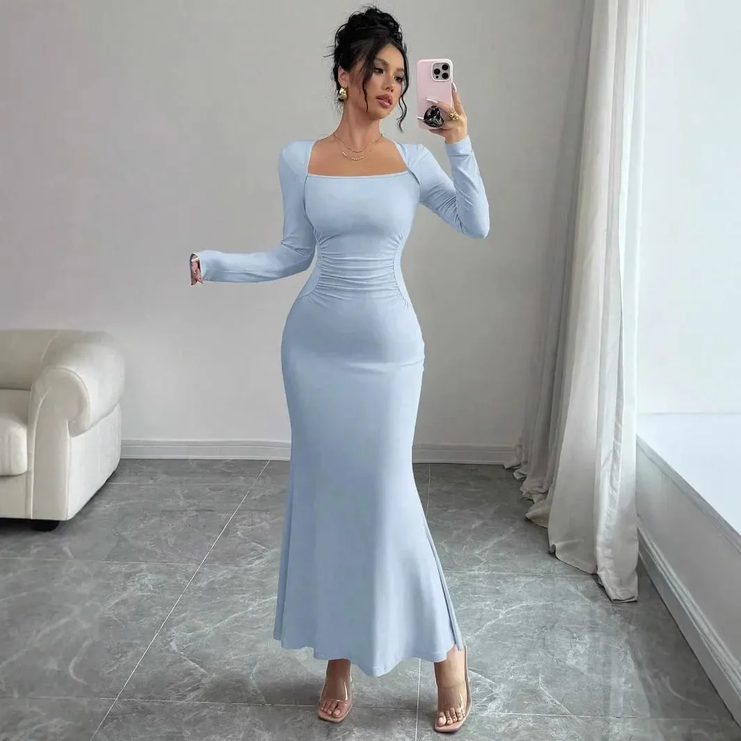 Elegant Long Sleeve Fish Tail Dress Women's Fashionable Slim Fit Sexy Gown Full Length Ankle Skirt Regular Waistline — image 5