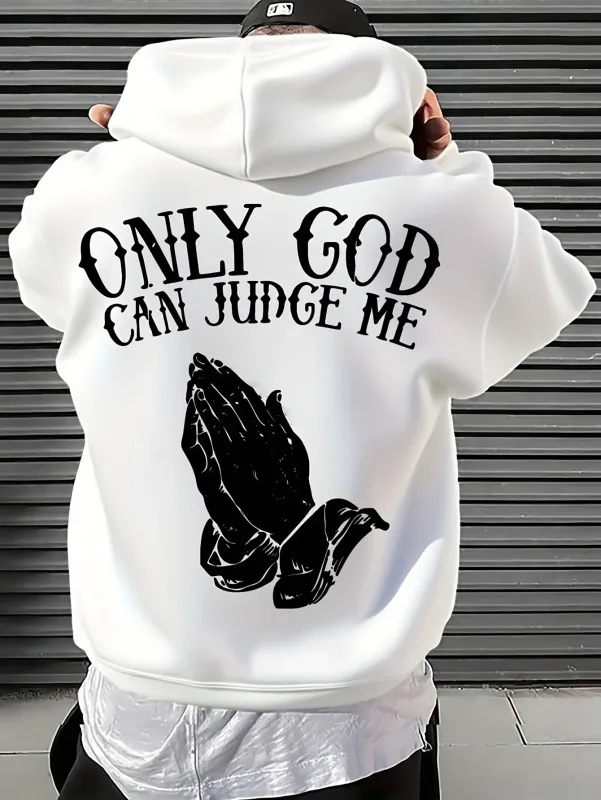 Men's "Only God Can Judge Me" Hoodie Streetwear with Praying Hands Graphic Inspirational Pullover for Casual Wear Style — image 4