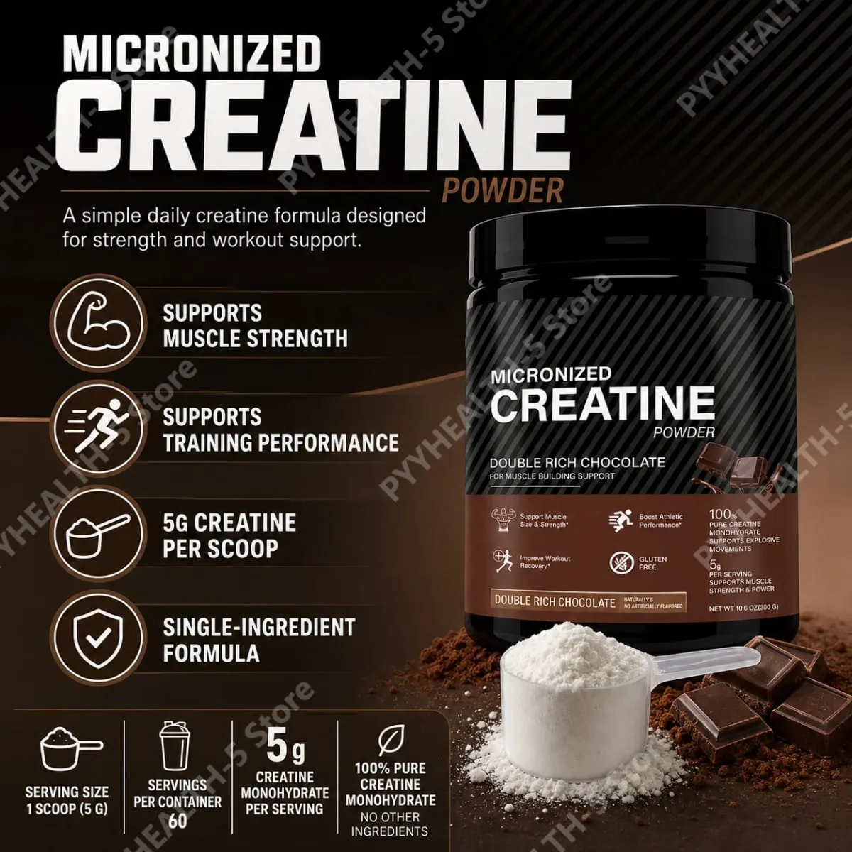 Creatine Monohydrate Powder 10.6 OZ Chocolate Flavor Sports Nutrition Support Athletic Performance Post‑Workout Muscle Recovery — image 4