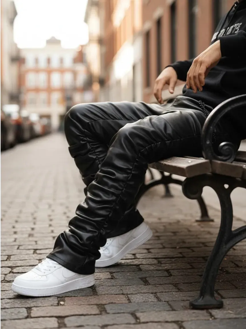 【HME】Men's Jeans | Black Wax Coated Denim Pants Faux‑Leather Look Stacked Ruched Denim Jeans For Men Full‑Length Wrinkle Pleat Design Tough Coated Denim Fabric Street‑Fashion Stacked Fit Male Trousers — image 6