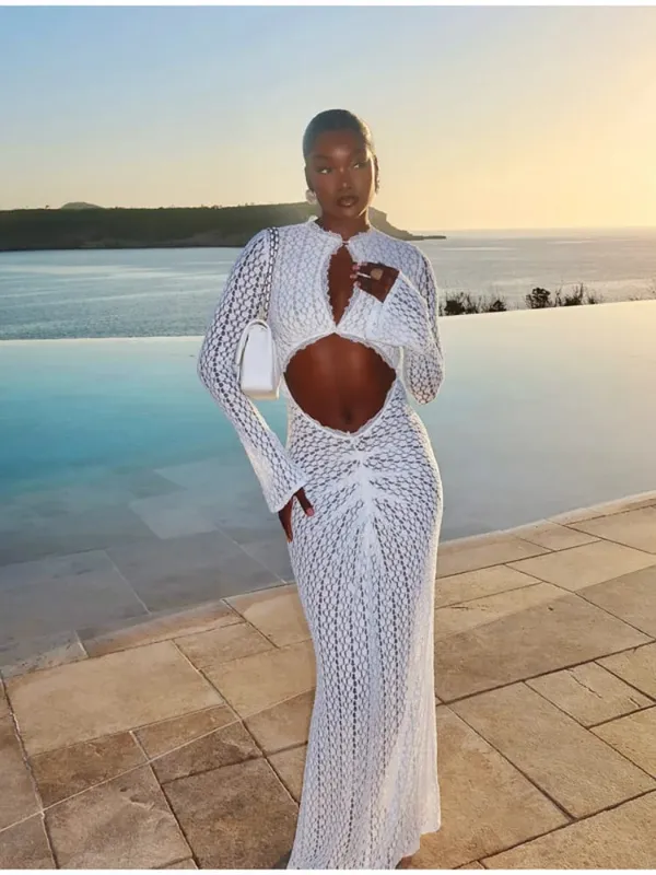 Fashion Hollowed-out Lace Patchwork Dress Women Solid O-neck Long Sleeve Pleated Bodycon Maxi Dresses Summer Lady Vacation Gown