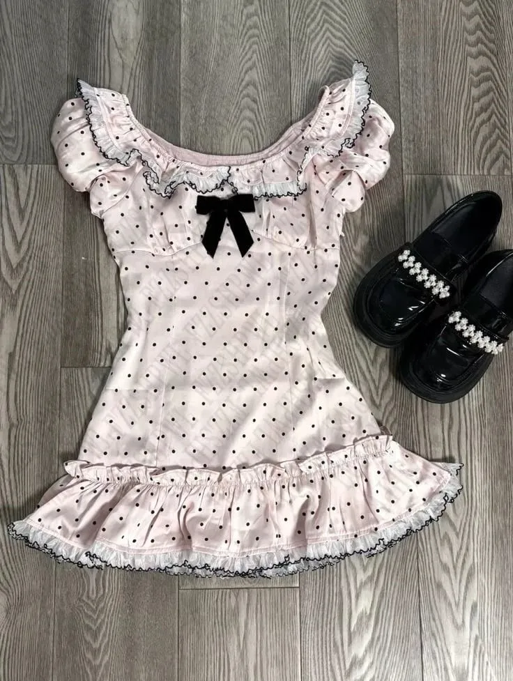 Maiden Soft Sweet Lovely Woman Bow Tops Vintage Cute Tee Y2K Polka point Slim Casual Shirts Korean Fashion Short Sleeve Clothing — image 2