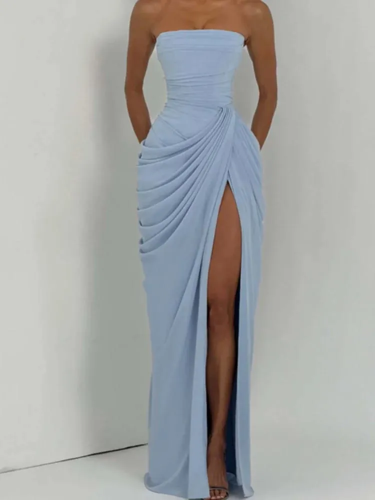 Lady Sexy Strapless Split Solid Geplooide Jurk Vrouwen Chic Backless Hoge Taille Off-shoulder Jurken 2026 Nieuwe Avondfeest jassen — image 5