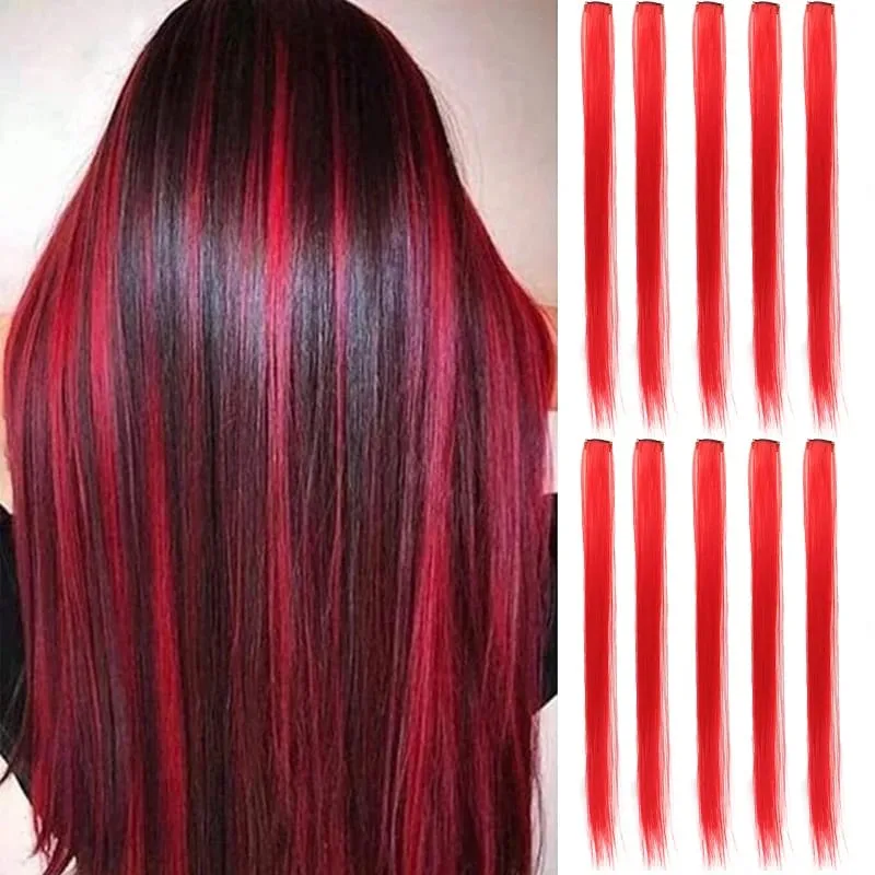 10Pcs Synthetic Colored Clip in Hair Extensions Hairpiece Party Highlights Straight Hair wig for Girls Kids Christmas Party Use — image 10