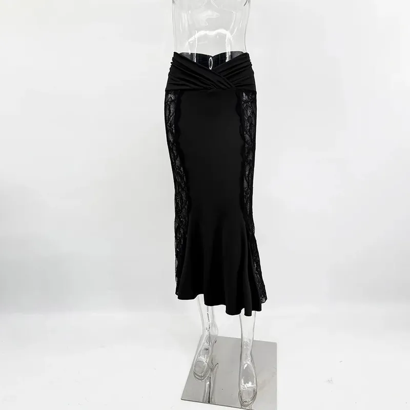 Ticketsx Sexy Lace Dress Set Women Fashion V-Neck See-Through Patchwork Pleated Slim Skirts Set Elegant Party Evening Dress Set — image 8