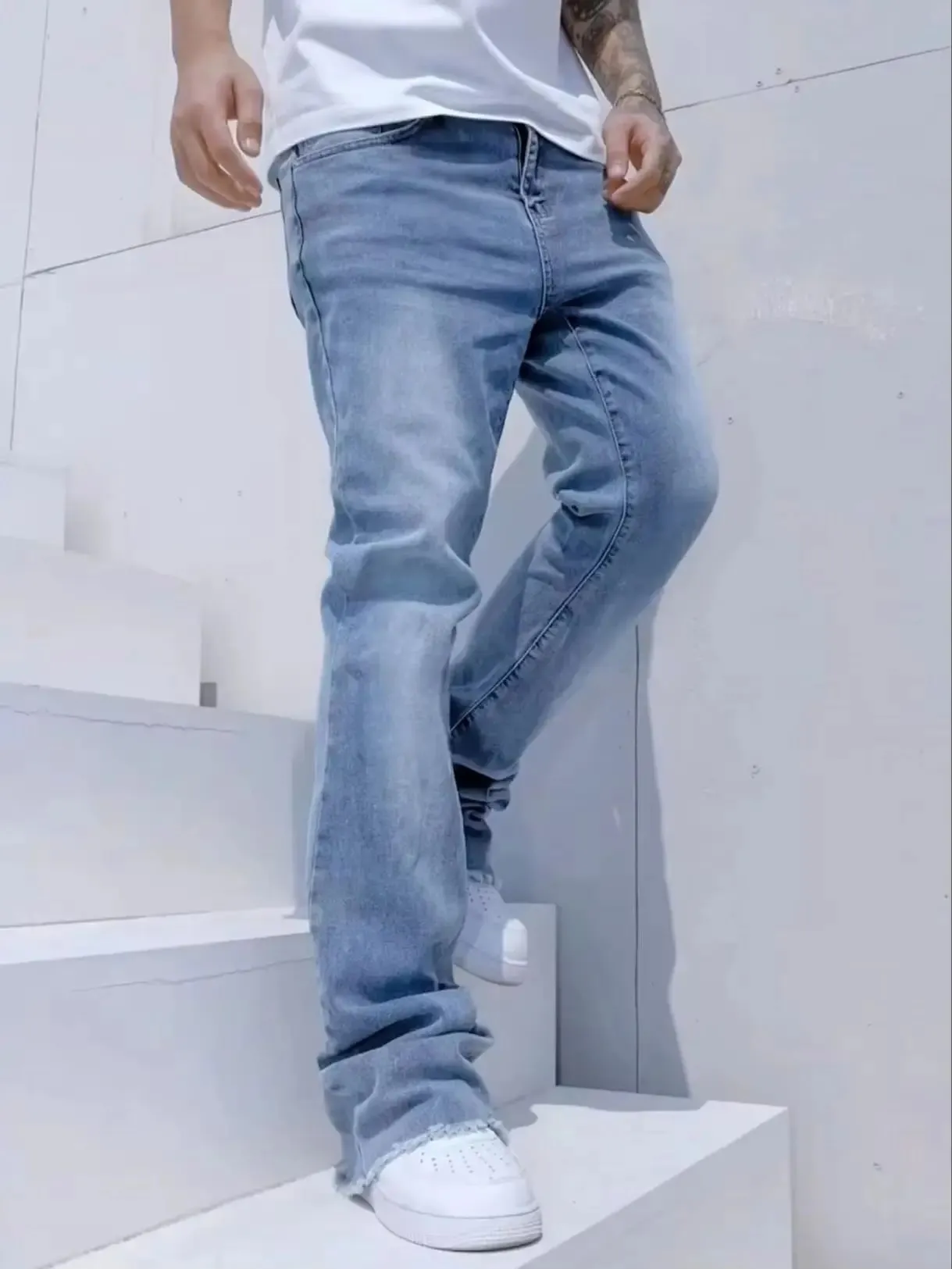 Slim Straight Jeans Men Sky Blue Fringe Cuff Detail Jeans Classic Mid Waist Solid Tone All Season Long Pants Urban Daily Stylish