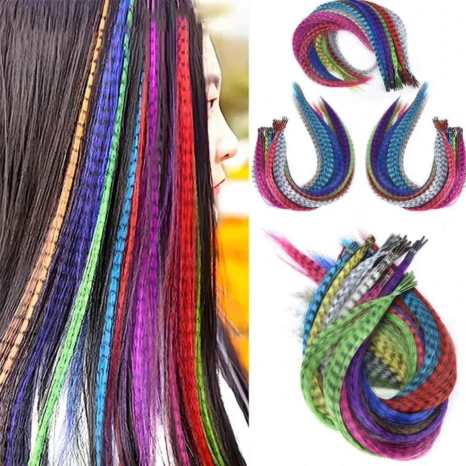 Synthetic Colored Feather Hair Extensions 16Inch Blue Purple For Women Zebra Line Feather Hairpiece For Women New Year Carnival — image 2