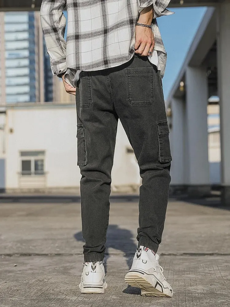 กางเกงยีนส์ Jogger ผู้ชายล้างผ้าฝ้ายยืดเล็กน้อยหลายกระเป๋ากางเกงยีนส์กางเกงคาร์โก้เอเชียขนาด L-6XL