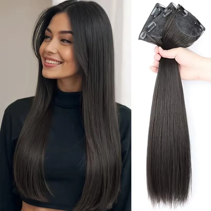 24Inch Synthetic 3pcs/set Long Straight Hair Extension Lightweight Black Brown Hair Accessories for Women Daily — image 2