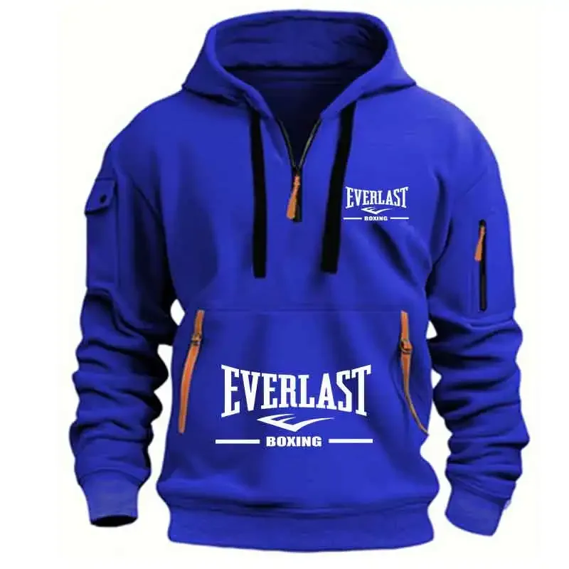 Men's Fashion Casual Hoodie Multi-pocket Sports Long-sleeve Sweatshirt Up Down Print Warm Half Zip Hooded Fitness Pullover Good — image 6