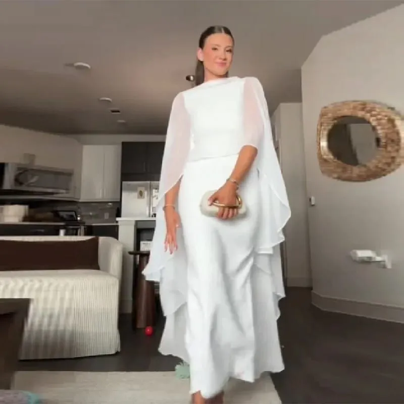 Stylish White Shawl Slim Fit Maxi Dress Women Elegant Cape Sleeve Round Neck Bodycon Vestido 2026 Lady Summer Chic Party Robes — image 3