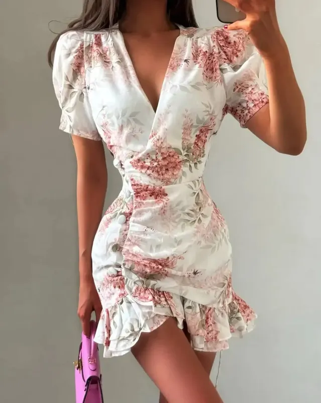 Chic Ruffle Print Slim Fit Dress Women Chic Flared Sleeves V-neck Pleated Short Dresses 2026 Lady Summer Casual Daily Vestidos