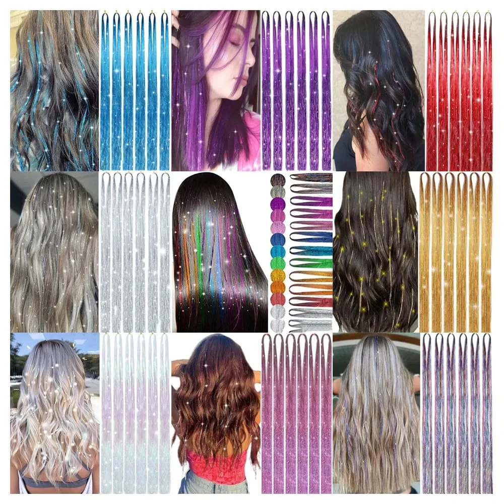 Rainbow Colored Sparkle Synthetic Hair Tinsel 36/48 Inch Girls Headwear Laser False Hair Extensions Glitter Decor Strands — image 3