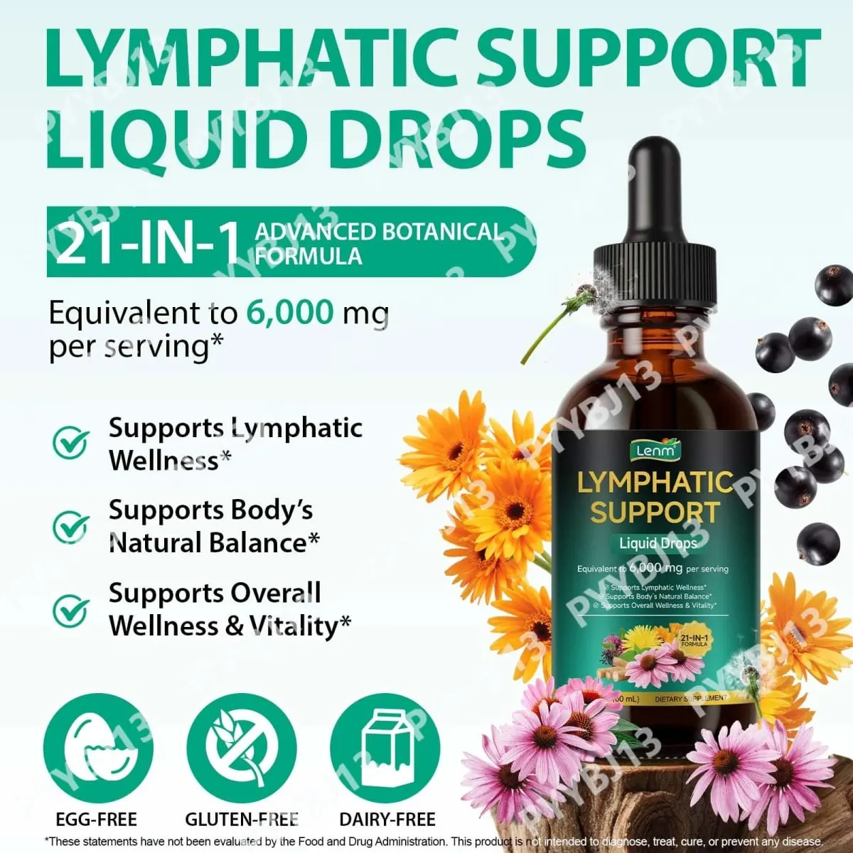 Lenm 60 ml système lymphatique nettoyer soutien immunitaire suppléments liquides gouttes lymphatiques organiques naturelles à base de plantes pour BalanceSupport