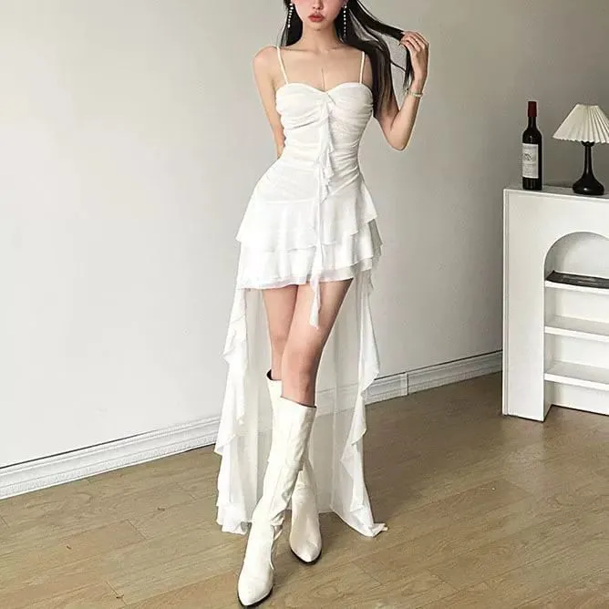 Fashion Sexy Spaghetti Strap Ruffle Irregular Bodycon Party Club Evening Dress Women Mesh Suspender Spring Summer Holiday Beach — image 5